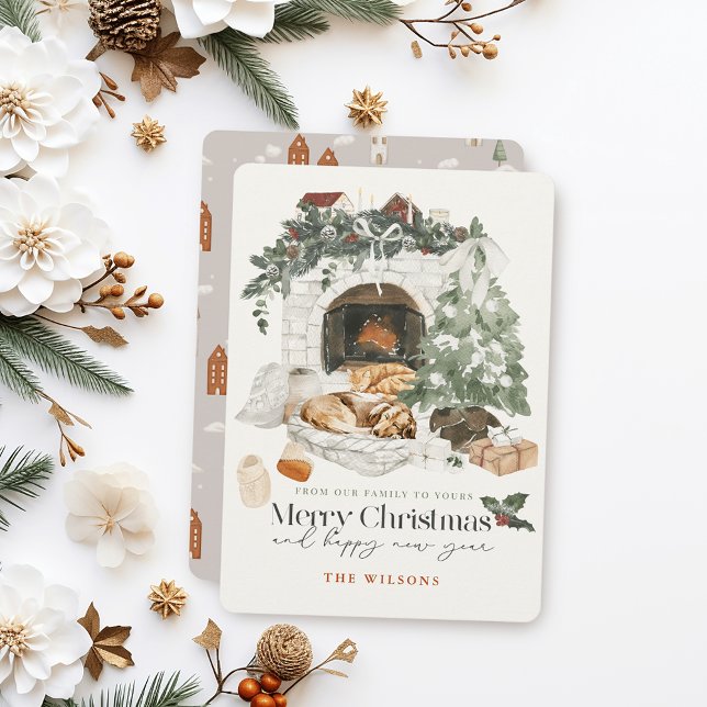 Cosy Fireplace Christmas Tree Cat & Dog Christmas Holiday Card (Creator Uploaded)