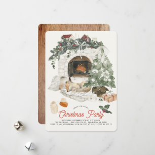 Cosy Fireplace Christmas Tree Fox Holiday Party Card