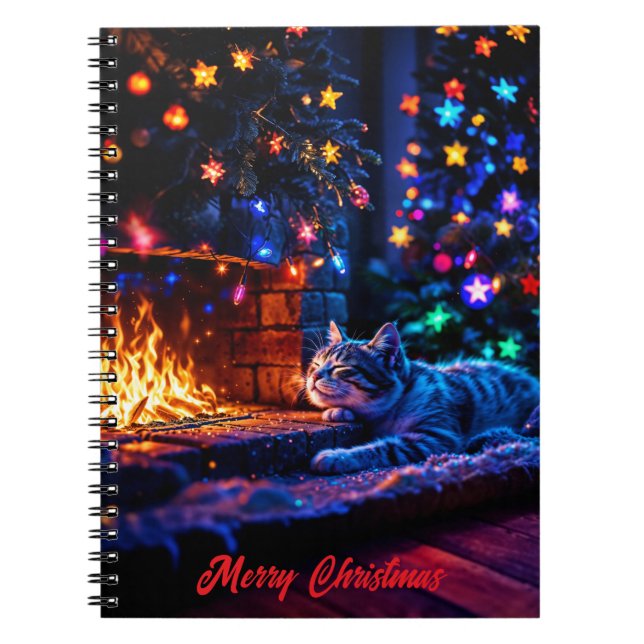 Cosy fireplace cute cat Merry Christmas Notebook (Front)