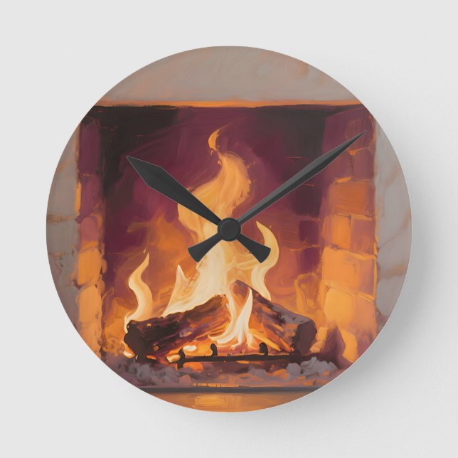 Cosy Fireplace Flames Round Clock (Front)