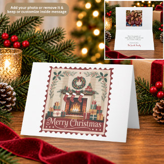 Cosy Fireplace Scene Postage Stamp Christmas Card