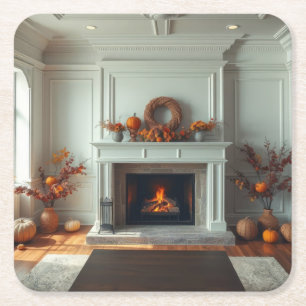 Cosy fireplace square paper coaster