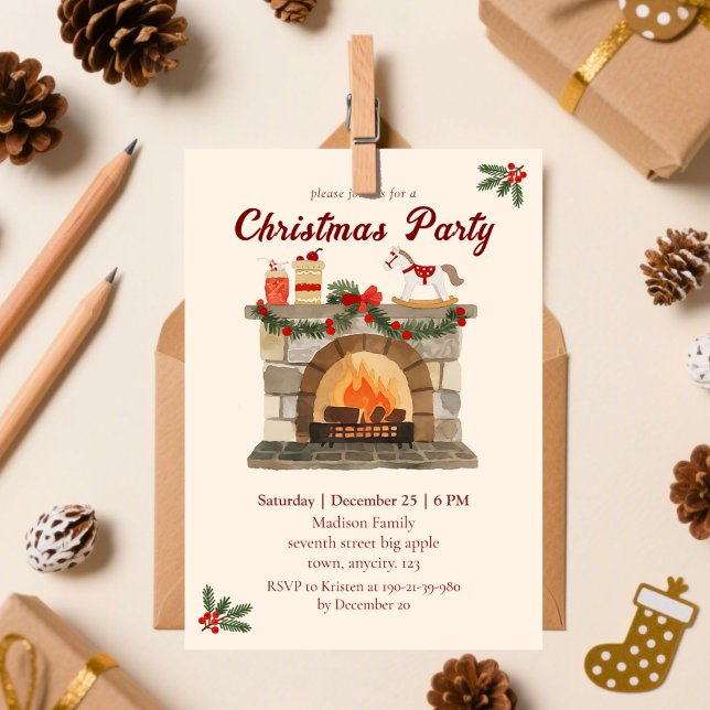 Cosy Fireplace Vintage Christmas party Invitation (Creator Uploaded)