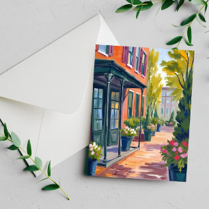 Cosy Flower Shop Street Blooming Watercolor Card
