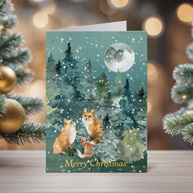 Cosy Fox Family Woodland Christmas Foil Greeting Card (Fox Family in Forest Full Moon Snowfall Watercolor Foil Greeting Card)