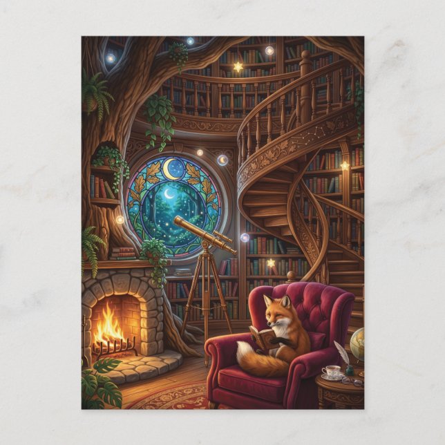 Cosy Fox Reading in Magical Treehouse Library Postcard (Front)