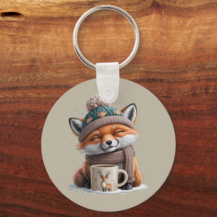 Cosy Fox Winter Season Animal Coffee Holiday Key Ring