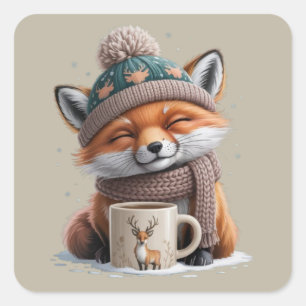Cosy Fox Winter Season Animal Coffee Holiday Square Sticker