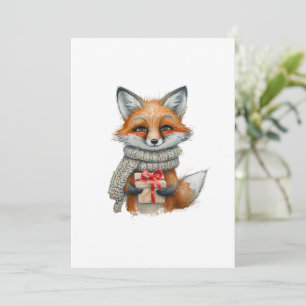 Cosy Fox with Scarf and Gift, Holiday Ilustration Card