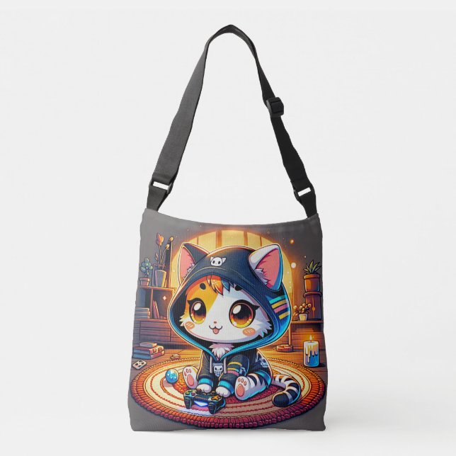 Cosy Gamer Cat  in a Hoodie Crossbody Bag (Front)