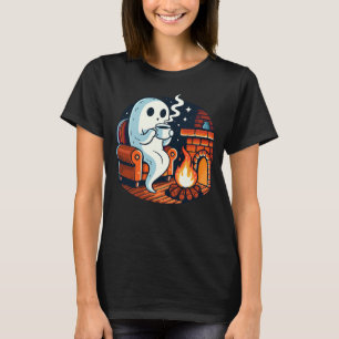 Cosy Ghost Drinking Coffee by Fireplace Halloween T-Shirt