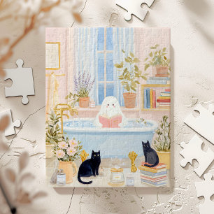 Cosy Ghost Reading in Bubble Bath with Black Cats Jigsaw Puzzle