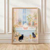 Cosy Ghost Reading in Bubble Bath with Black Cats
