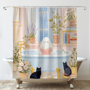 Cosy Ghost Reading in Bubble Bath with Black Cats Shower Curtain