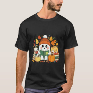 Cosy Ghost Reading Pumpkins Cat Halloween Autumn F T-Shirt