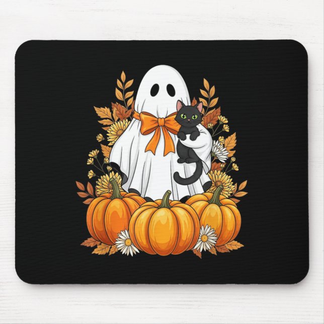 Cosy Ghost With Black Cat Pumpkins Autumn Scene Mouse Pad (Front)