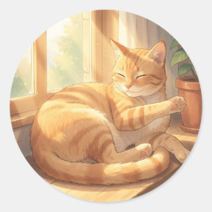 Cosy Ginger Tabby Cat Sunbathing Classic Round Sticker