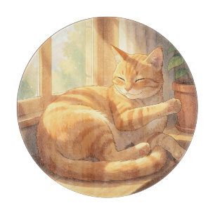 Cosy Ginger Tabby Cat Sunbathing  Cutting Board