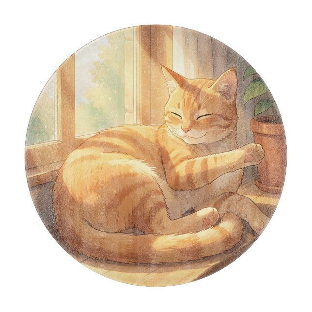 Cosy Ginger Tabby Cat Sunbathing  Cutting Board (Front)