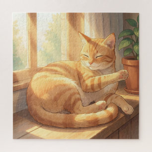 Cosy Ginger Tabby Cat Sunbathing Jigsaw Puzzle