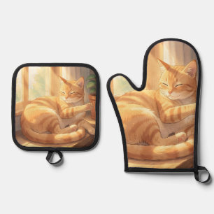 Cosy Ginger Tabby Cat Sunbathing  Oven Mitt & Pot Holder Set