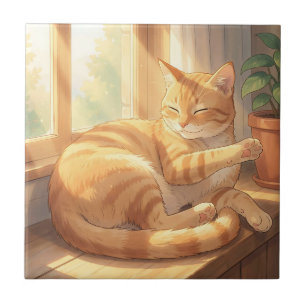 Cosy Ginger Tabby Cat Sunbathing  Tile