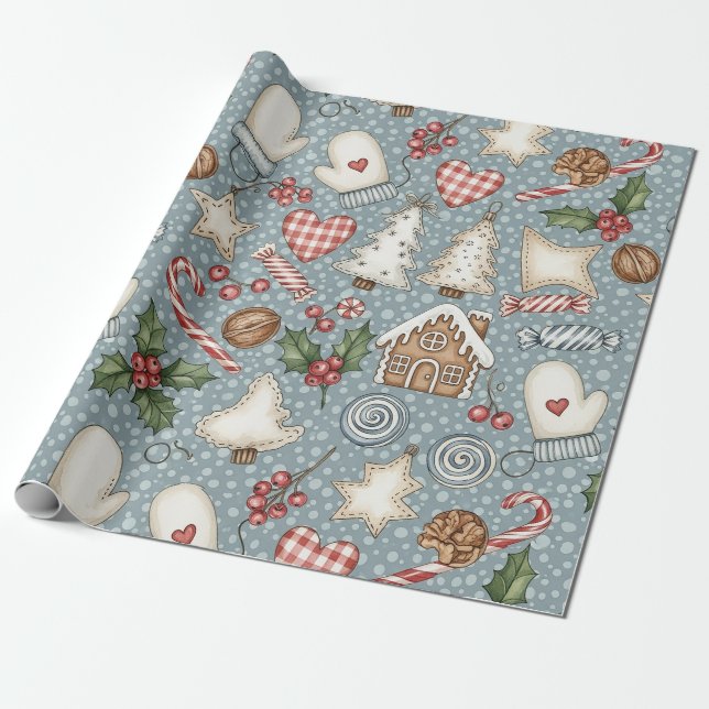 Cosy Gingerbread Christmas with Candy Canes Wrapping Paper (Unrolled)