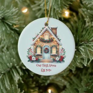 Cosy Gingerbread House Holiday Illustration Ceramic Tree Decoration