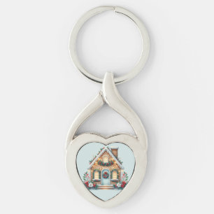 Cosy Gingerbread House Holiday Illustration Key Ring