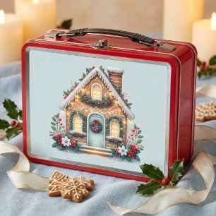 Cosy Gingerbread House Holiday Illustration Metal Lunch Box