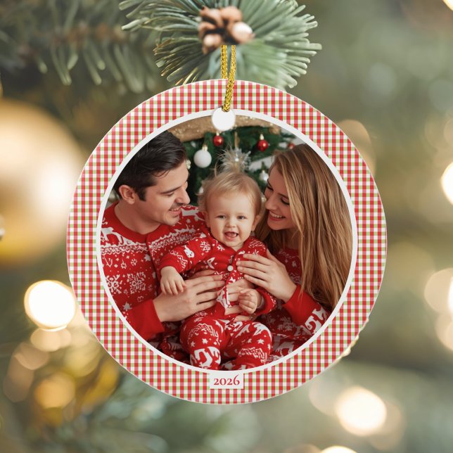 Cosy Gingham Christmas Ornament with Photo (Cozy Christmas Gingham Photo Ornament)
