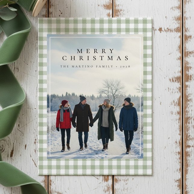 Cosy Gingham Modern Rustic Photo Christmas Card (Creator Uploaded)