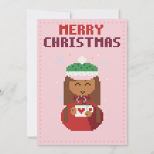 Cosy Girl Pink Pixel Art Christmas Card