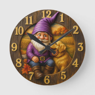 Cosy gnome & dog autumn  round clock