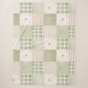 Cosy Gold Mint Green Stars Stripes Patches Sherpa Blanket