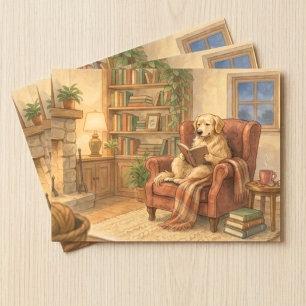 Cosy Golden Retriever Reading by Fireplace Postcard