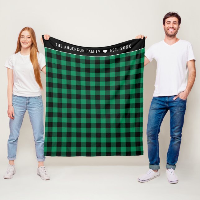 Cosy Green and Black Buffalo Plaid Family Monogram Fleece Blanket (In Situ)