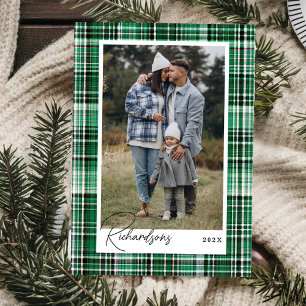 Cosy Green and White Plaid Flannel Family Photo Holiday Card