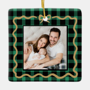 Cosy Green Buffalo Plaid 2 Photo Family Christmas Ceramic Ornament