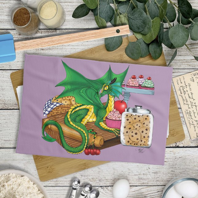 Cosy Green Pastry Chef Dragon Kitchen Bakery Tea Towel (Creator Uploaded)
