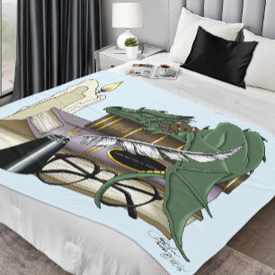 Cosy Green Whimsical Sleeping Dragon Book Lover Fleece Blanket