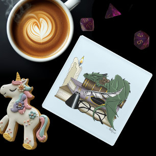Cosy Green Whimsical Sleeping Dragon Book Lover Glass Coaster