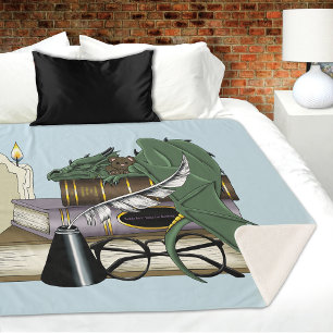 Cosy Green Whimsical Sleeping Dragon Book Lover Sherpa Blanket