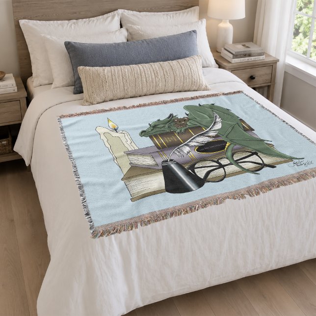 Cosy Green Whimsical Sleeping Dragon Book Lover Throw Blanket (Creator Uploaded)