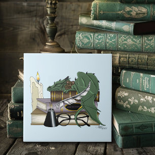 Cosy Green Whimsical Sleeping Dragon Book Lover Tile