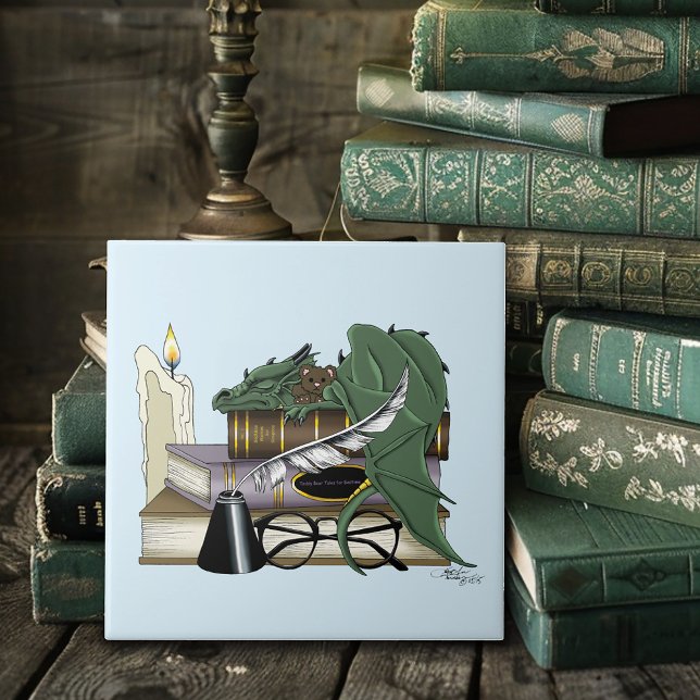 Cosy Green Whimsical Sleeping Dragon Book Lover Tile (Creator Uploaded)