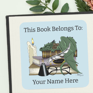Cosy Green Whimsical Sleeping Dragon Bookplate Square Sticker