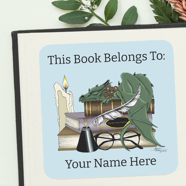 Cosy Green Whimsical Sleeping Dragon Bookplate Square Sticker (Creator Uploaded)