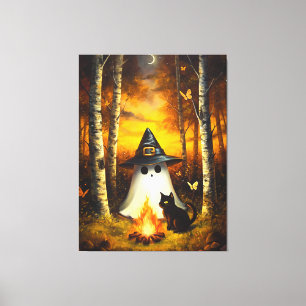 Cosy Halloween Ghost & Black Cat Campfire Art Canvas Print