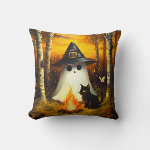 Cosy Halloween Ghost & Black Cat Campfire Art Cushion